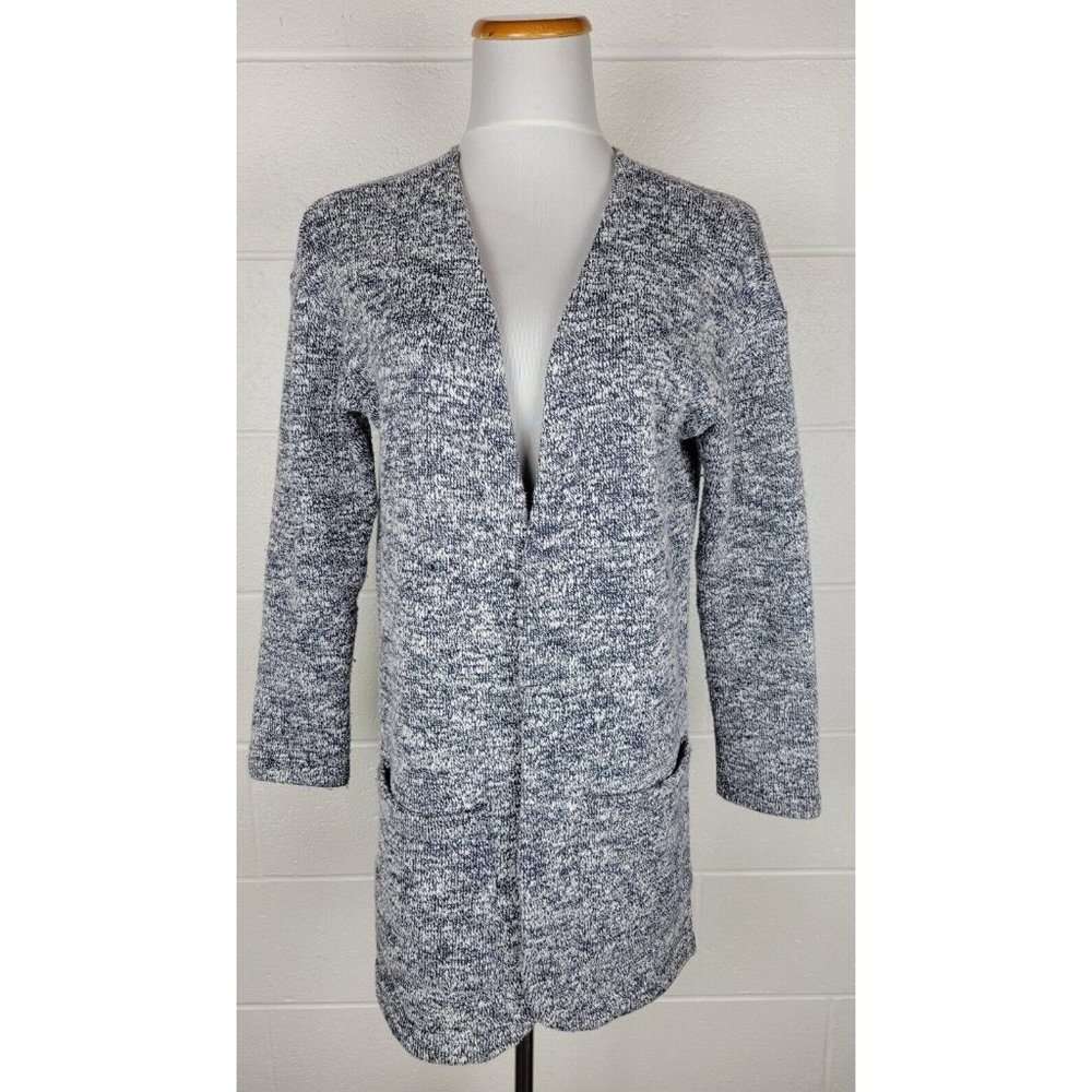 LL Bean Signature Open Front Long Cardigan Sweater Blue White‎ XS